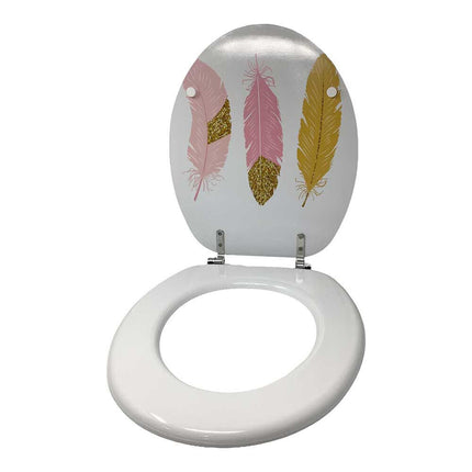 Copriwater in Legno MDF serigrafato tavoletta da Bagno WC con Stampa piume rosa oro Cerniere in Acciaio 43x38 cm - enzoled