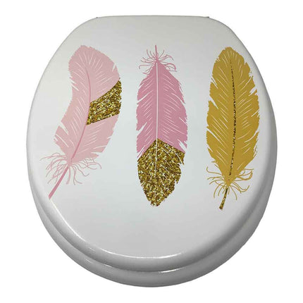 Copriwater in Legno MDF serigrafato tavoletta da Bagno WC con Stampa piume rosa oro Cerniere in Acciaio 43x38 cm - enzoled