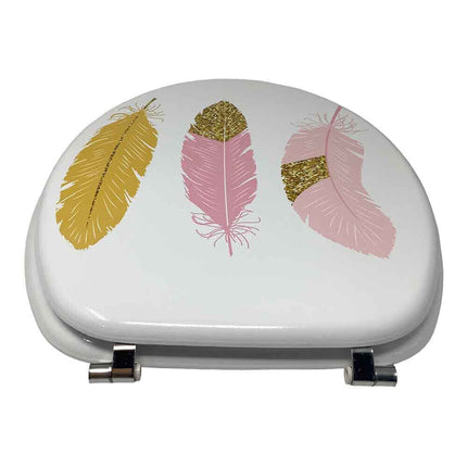 Copriwater in Legno MDF serigrafato tavoletta da Bagno WC con Stampa piume rosa oro Cerniere in Acciaio 43x38 cm - enzoled