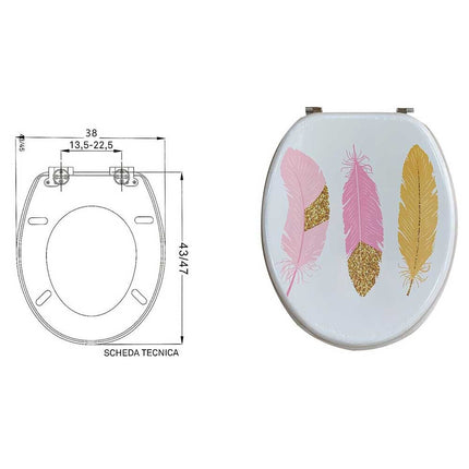 Copriwater in Legno MDF serigrafato tavoletta da Bagno WC con Stampa piume rosa oro Cerniere in Acciaio 43x38 cm - enzoled