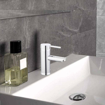 Rubinetto per bagno ultra moderno cromato lucido miscelatore lavabo a canna bassa modello Ray Silver - enzoled