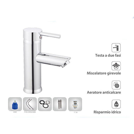 Rubinetto per bagno ultra moderno cromato lucido miscelatore lavabo a canna bassa modello Ray Silver - enzoled