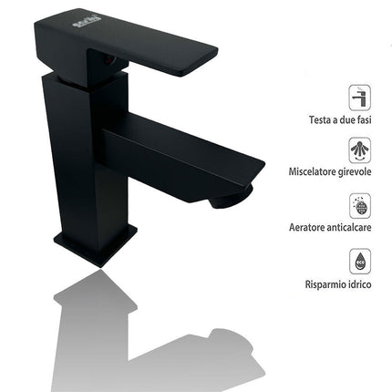 Rubinetto per bagno ultra moderno di forma quadrata miscelatore orientabile lavabo nero opaco modello Firenze - enzoled