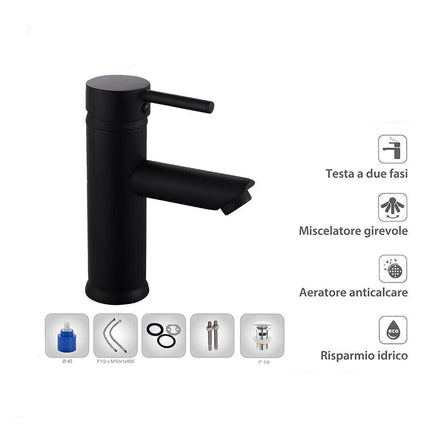 Rubinetto per bagno ultra moderno nero opaco miscelatore lavabo a canna bassa modello Ray Black - enzoled