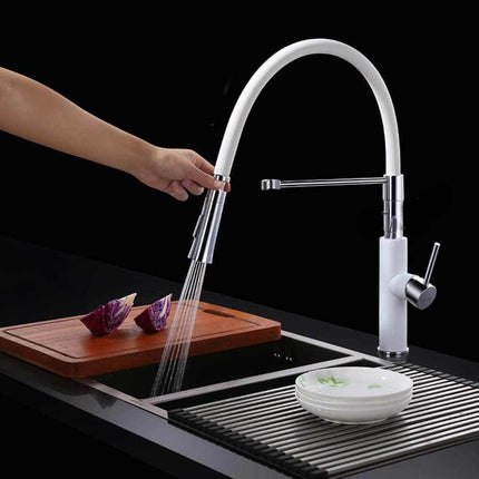 Rubinetto con doccetta in silicone a canna alta miscelatore in da cucina 2 modalità di getto acciaio bianco - enzoled