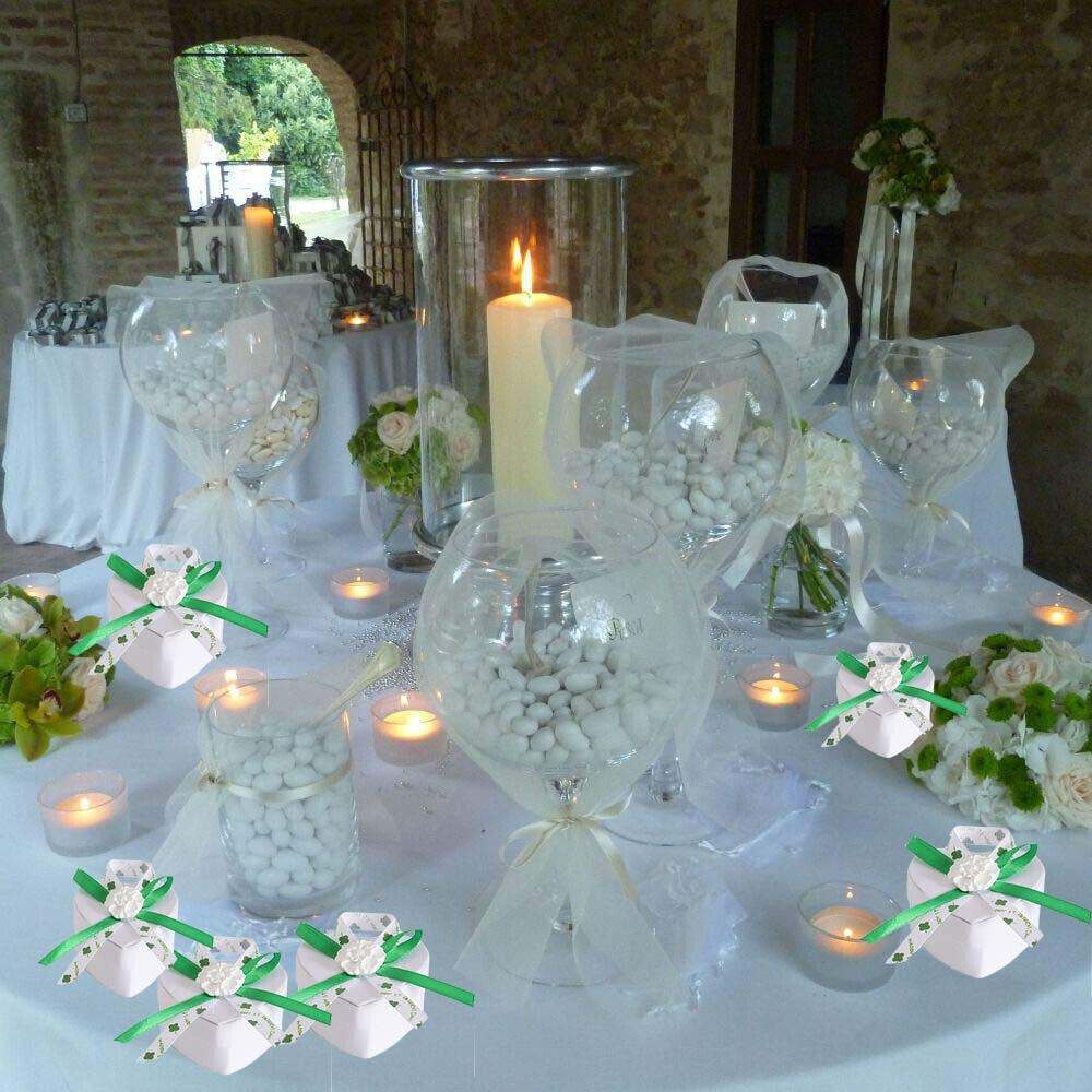 12 Scatolina portaconfetti a Cuore per promessa di Matrimonio bomboniere segnaposto in Tessuto Bianco e Verde - enzoled