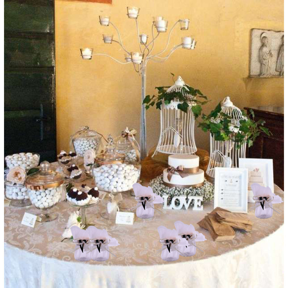 Barattolino portaconfetti in vetro con tappo in sughero velo bianco nastrino beige per matrimonio sposi 12 bomboniere segnaposto confettata - enzoled