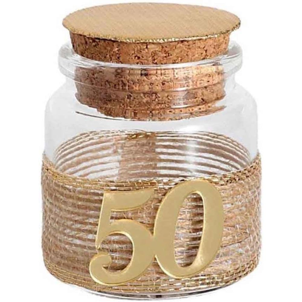 Bomboniere portaconfetti per anniversario 50 Anni di matrimonio nozze oro o compleanno 12 pezzi barattolo in vetro tappo in sughero - enzoled