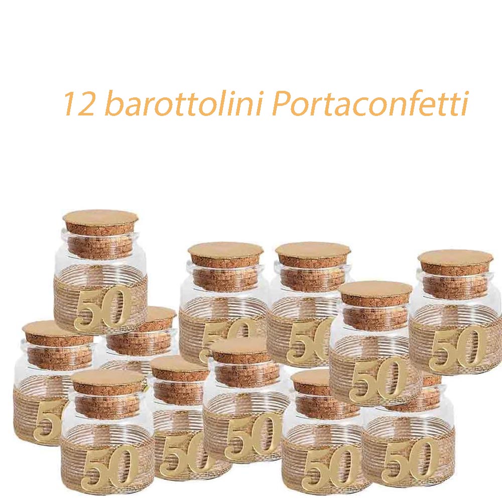 Bomboniere portaconfetti per anniversario 50 Anni di matrimonio nozze oro o compleanno 12 pezzi barattolo in vetro tappo in sughero - enzoled