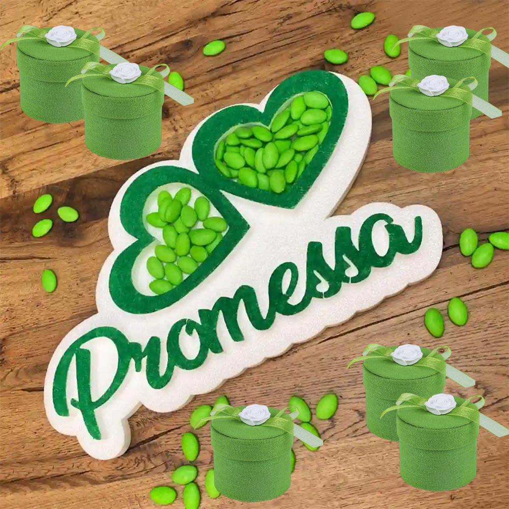 Set 12 scatolina portaconfetti Rotonda per Promessa di Matrimonio bomboniere segnaposto in Tessuto Verde - enzoled