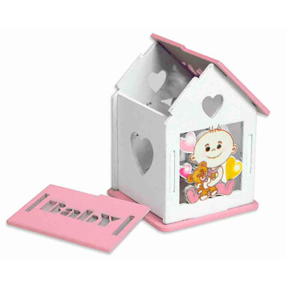 Set 12 scatoline portaconfetti rosa a forma di casetta con tetto apribile per bimba bomboniere per nascita battesimo - enzoled