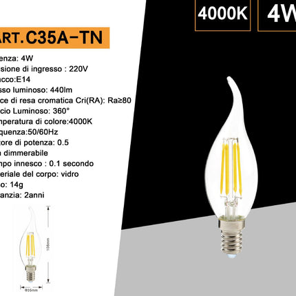 Lampadina in vetro a led a filamento 4 watt colpo di vento E14 luce fredda 6500k calda 3000l naturale 4000k enzoled