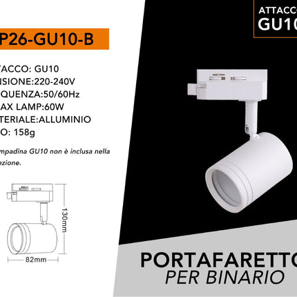 Porta faretto monofase orientabile da binario per soffitto con attacco gu10 proiettore faro per binario elettrificato enzoled