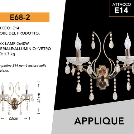 Applique a candelabro 2 bracci con pendenti a gocce di cristallo in acrilico stile retrò attacco E14 oro enzoled