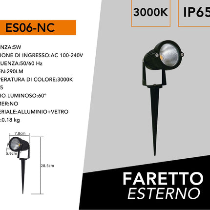 Faretto led cob 5 watt con picchetto e staffa per esterno proiettore da giardino luci da esterno luce fredda 6500k calda 3000k naturale 4000k e verde enzoled