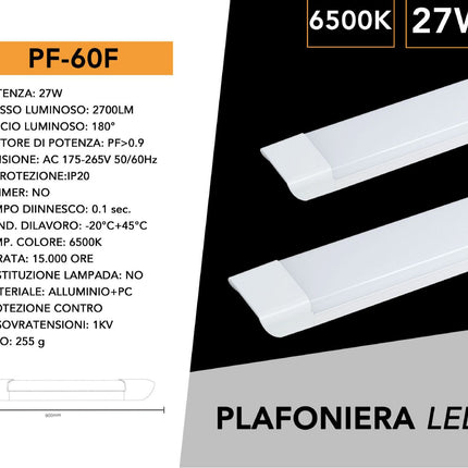 Plafoniera led slim sottopensile tubo neon 27 watt 60 cm per soffitto mensole ripiani luce fredda 6500k naturale 4000k calda 3000k enzoled