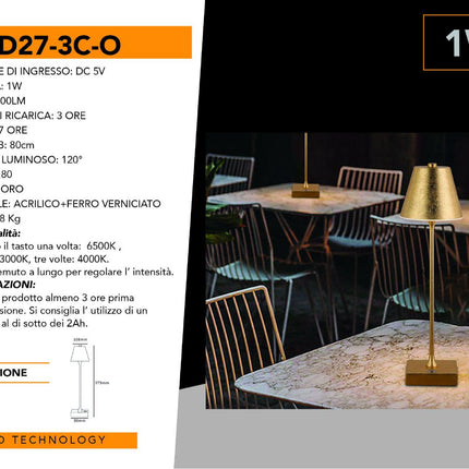 Lampada bistrot touch da tavolo a led ricaricabile usb  lume decorativo tripla colorazione di luce enzoled