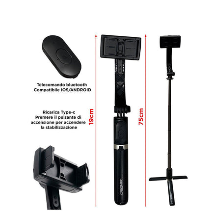 Stabilizzatore gimbal per smarphone a 3 assi bastone per selfie con telecomando integrato con app anti vibrazioni rotazione 360° con zoom - enzoled