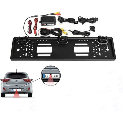 Porta targa con telecamera posteriore e 2 sensori di parcheggio per auto europea retromarcia con allarme sonoro - enzoled