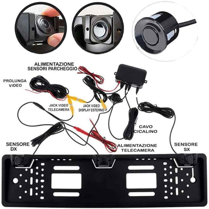 Porta targa con telecamera posteriore e 2 sensori di parcheggio per auto europea retromarcia con allarme sonoro - enzoled