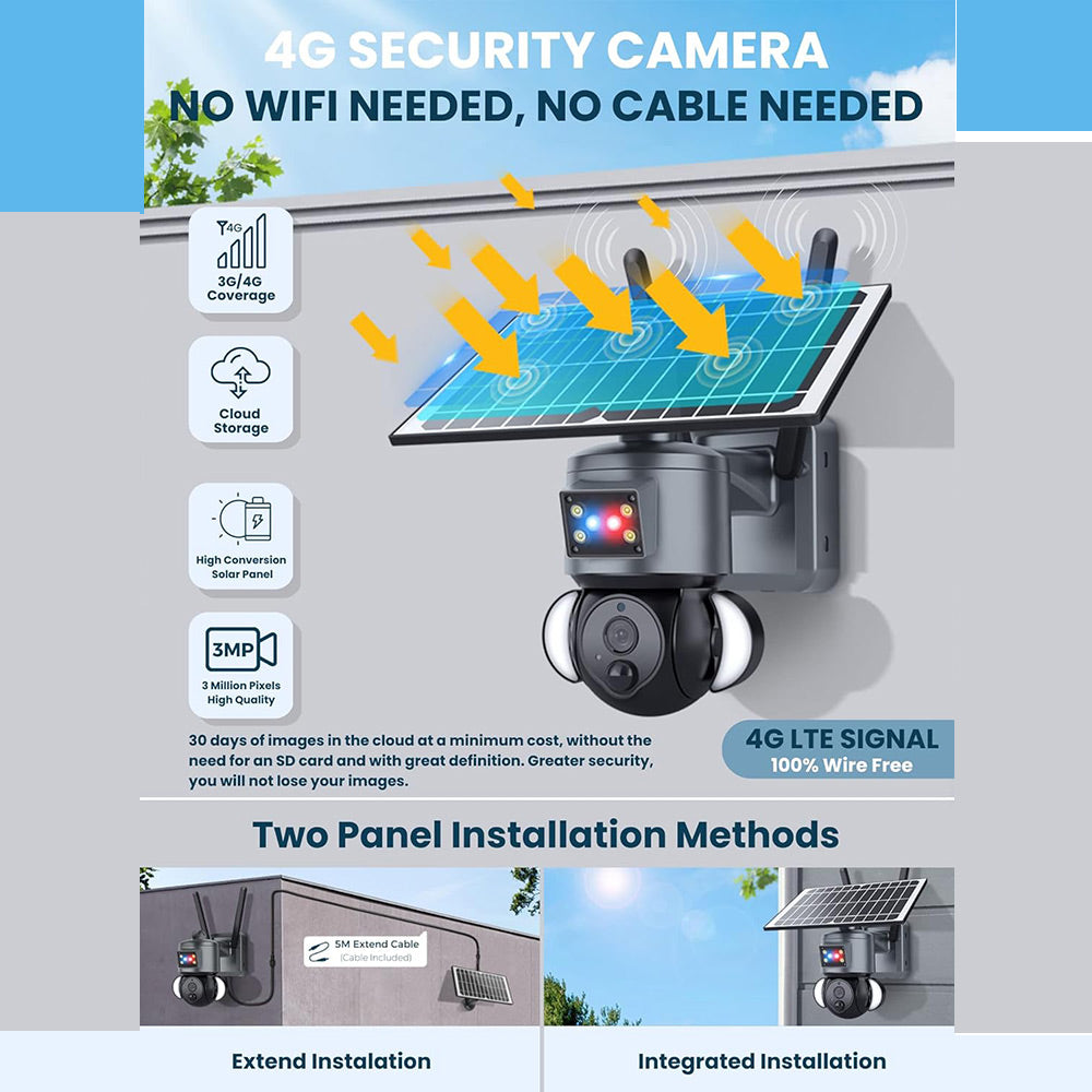 Telecamera di sorveglianza wi fi con pannello solare doppio obbiettivo 4G videocamera da esterno PTZ IP65 - enzoled