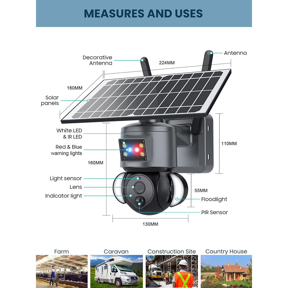 Telecamera di sorveglianza wi fi con pannello solare doppio obbiettivo 4G videocamera da esterno PTZ IP65 - enzoled