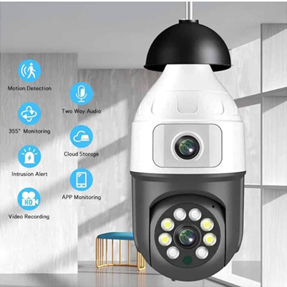 Telecamera IP led a lampadina wi fi 2,4GHz con doppio obbiettivo fisso e motorizzato videosorveglianza visione notturna controllo remoto app - enzoled