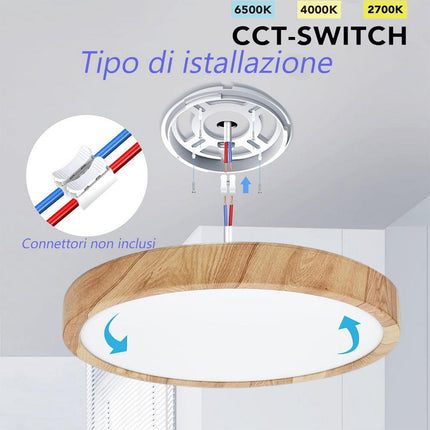 Plafoniera led ultra slim 18 24 36 45 watt tecnologia CCT colore legno