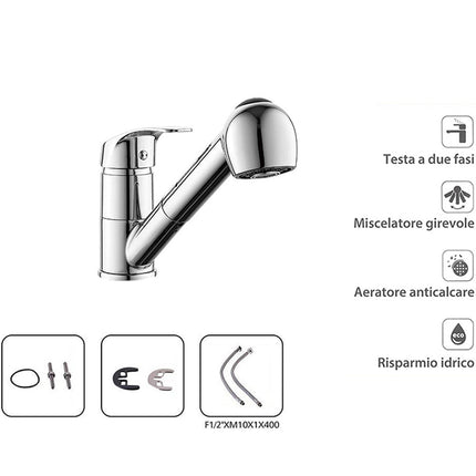 Rubinetto per lavello da cucina con doccetta estraibile ottone cromato