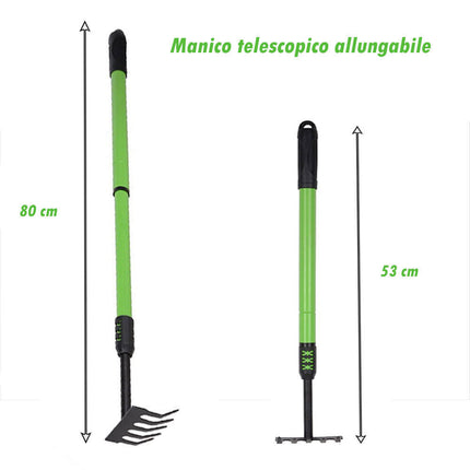 Rastrello da Giardino da 5 Denti curvi con Manico telescopico allungabile richiudibile Estensibile da 53 a 80 cm - enzoled