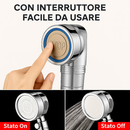 Soffione doccia con filtro anticalcare 3 getti d'acqua tasto ON/OFF enzoled