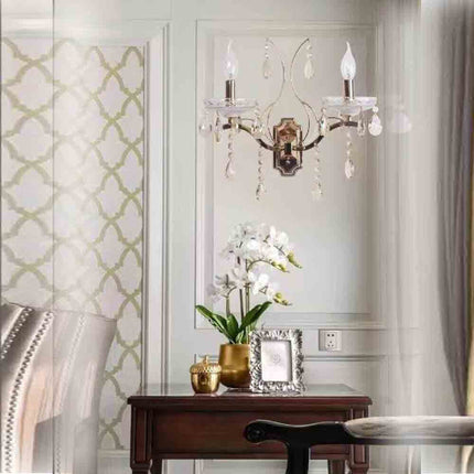 Applique a candelabro 2 bracci con pendenti a gocce di cristallo in acrilico stile retrò attacco E14 oro - enzoled