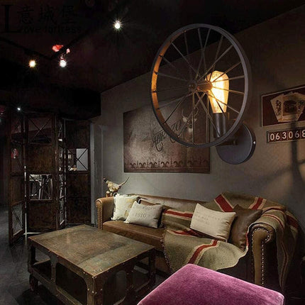 Applique a parete stile vintage lampada da muro country a forma di ruota di bicicletta nero attacco E27 - enzoled