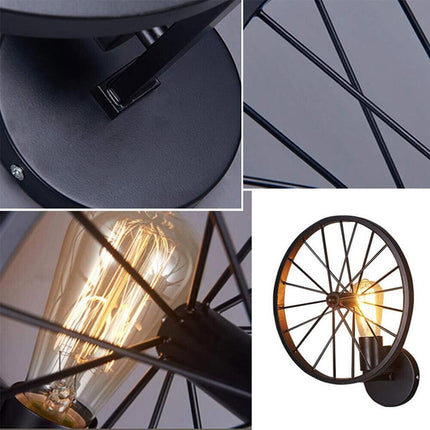 Applique a parete stile vintage lampada da muro country a forma di ruota di bicicletta nero attacco E27 - enzoled