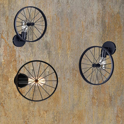 Applique a parete stile vintage lampada da muro country a forma di ruota di bicicletta nero attacco E27 - enzoled