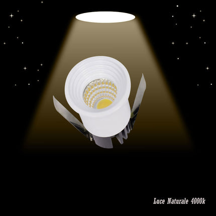 Faretto 1 led COB ad incasso 3 watt mini spot punto luce tondo bianco luce bianca 6500k calda 3000k e naturale 4000k - enzoled