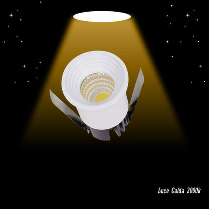 Faretto 1 led COB ad incasso 3 watt mini spot punto luce tondo bianco luce bianca 6500k calda 3000k e naturale 4000k - enzoled