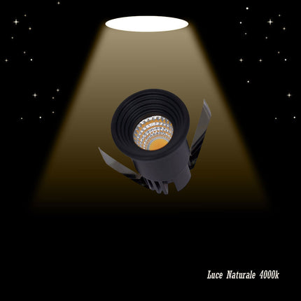 Faretto 1 led COB ad incasso 3 watt mini spot punto luce tondo nero luce bianca 6500k calda 3000k e naturale 4000k - enzoled