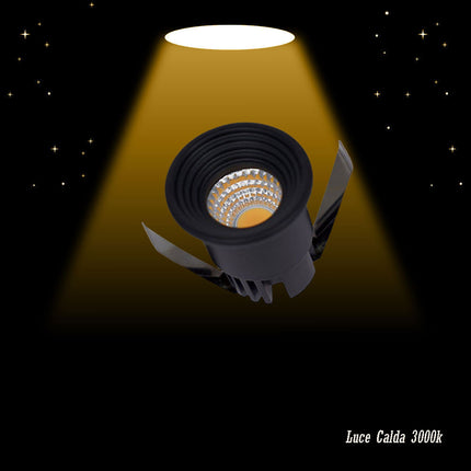 Faretto 1 led COB ad incasso 3 watt mini spot punto luce tondo nero luce bianca 6500k calda 3000k e naturale 4000k - enzoled