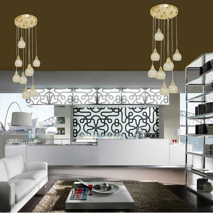 Lampadario da soffitto a sospensione plafoniera 38.5 watt con sfere con cristalli gocce in acrilico portalampada attacco g9 lampada sospesa oro o argento - enzoled