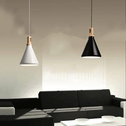 Lampadario a sospensione stile industriale in metallo pendente a cono attacco E27 luce tavolo cucina di colore nero o bianco - enzoled
