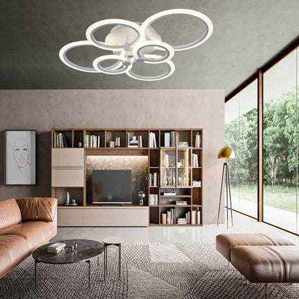 Lampadario led plafoniera moderno con 6 anelli cerchi 51 watt tecnologia CCT con switch luce  fredda calda naturale - enzoled