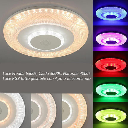 Plafoniera rgb 72 watt cassa bluetooth diffusore trasparente luce bianca calda naturale con telecomando dimmerabile APP - enzoled