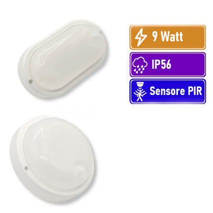 Plafoniera a led per esterno con sensore di movimento 9 watt 6500k tonda o ovale IP56 - enzoled