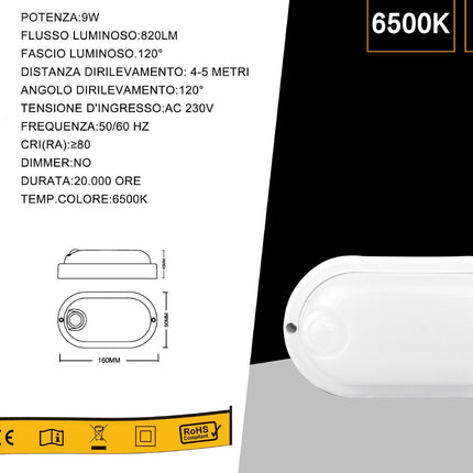 Plafoniera a led per esterno con sensore di movimento 9 watt 6500k tonda o ovale IP56 - enzoled
