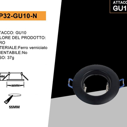 Supporto GU10 in Ferro Verniciato - Foro 55mm, Colore Nero, Perfetto per Illuminazione Interna enzoled