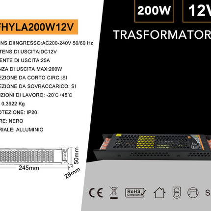 ALIMENTATORE SLIM METALLICO STABILIZZATO 200W PER USO INTERNO DC12V 16.6A 2 USCITE CON MORSETTI A VITE - enzoled