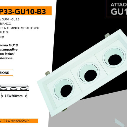 Supporto Portafaretto Recesso Bianco 3XGU10 in Alluminio+Metallo+PC per Lampade LED enzoled