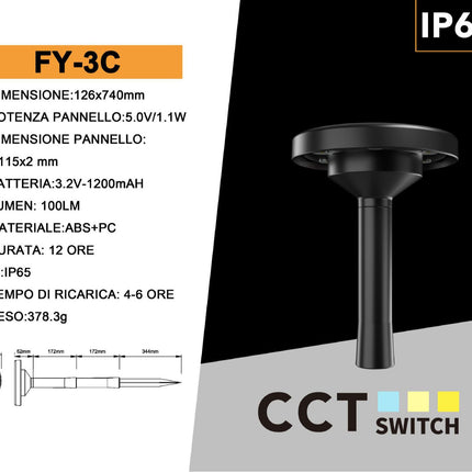 Faretto led con pannello solare e picchetto per esterno con funzione cct 3 tonalità di luce o rgb IP65 enzoled