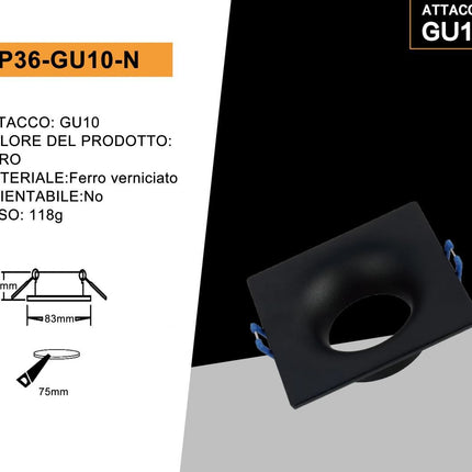 Supporto Portafaretto Quadrato Nero 75mm 1XGU10 in Ferro Verniciato per Lampade LED enzoled